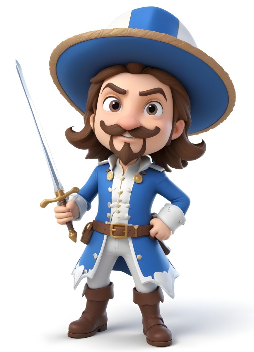 3d Model Cartoon Of A White Man 30 Years Old With Brown Hair Mustache And Goatee Wearing A White Musketeer Suit And Hat Holding A Sword White Background Figure Octane Render Volumetric Highly Detailed Videoga 6 18a8