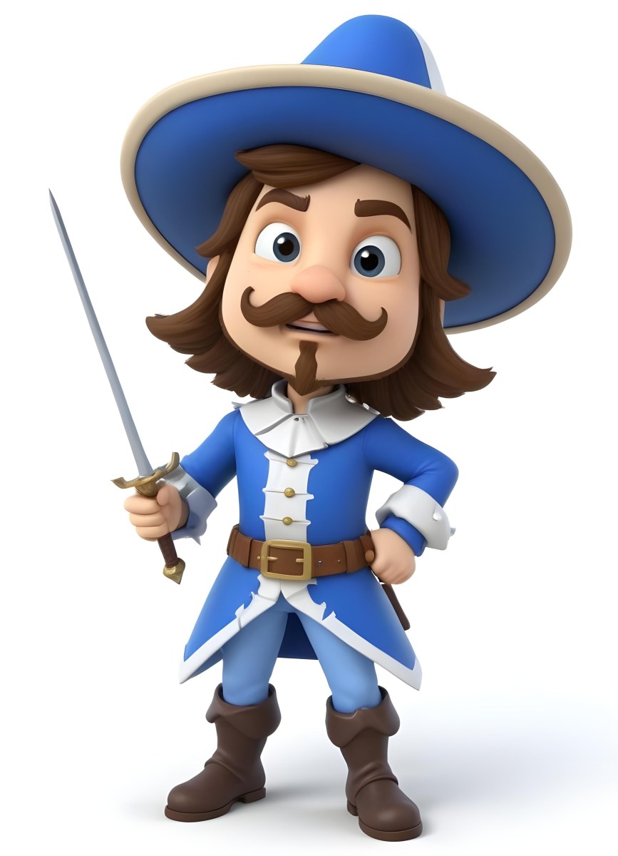 3d Model Cartoon Of A White Man 30 Years Old With Brown Hair Mustache And Goatee Wearing A White Musketeer Suit And Hat Holding A Sword White Background Figure Octane Render Volumetric Highly Detailed Videoga 7 2026