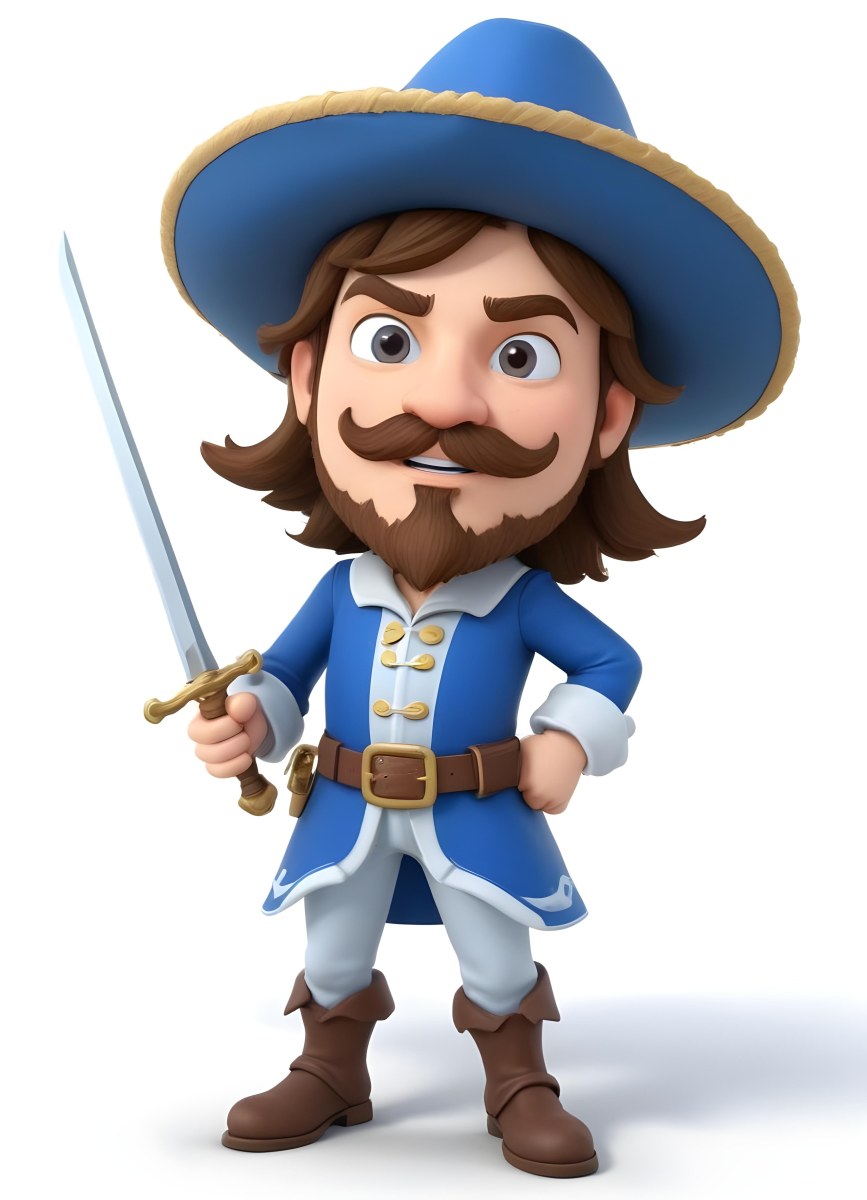 3d Model Cartoon Of A White Man 30 Years Old With Brown Hair Mustache And Goatee Wearing A White Musketeer Suit And Hat Holding A Sword White Background Figure Octane Render Volumetric Highly Detailed Videoga 9 4b27