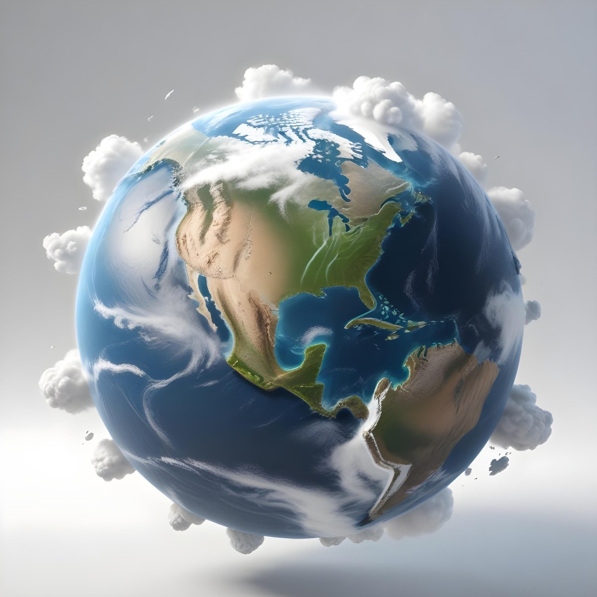 3d Model Planet Earth With Visible Continents Oceans And Cloud Cover Showcasing North America Illuminated By Sunlight Casting A Soft Shadow On A White Background Figure Octane Render Volumetric Highly Detai 16 1b20