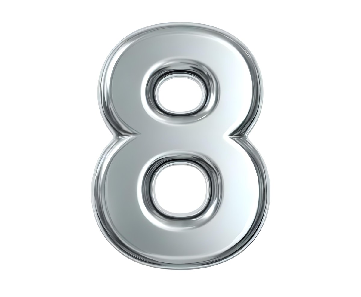 3d Model Silver Number Eight With Rounded Edges Metallic Texture Shiny Surface Smooth Finish Simple Design Isolated On A White Background Studio Lighting Figure Octane Render Volumetric Highly Detailed Videogam 11 9015
