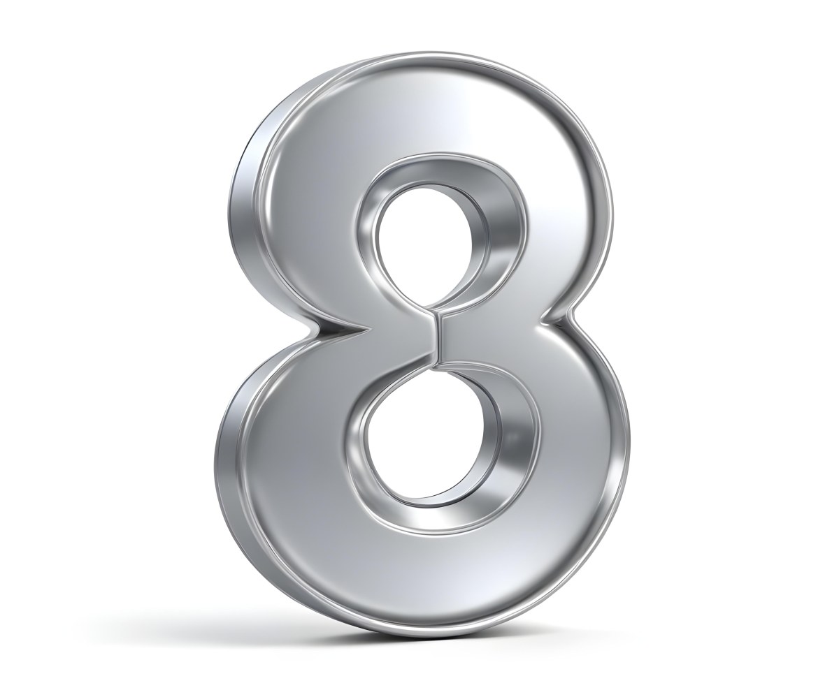 3d Model Silver Number Eight With Rounded Edges Metallic Texture Shiny Surface Smooth Finish Simple Design Isolated On A White Background Studio Lighting Figure Octane Render Volumetric Highly Detailed Videogam 12 7bc4