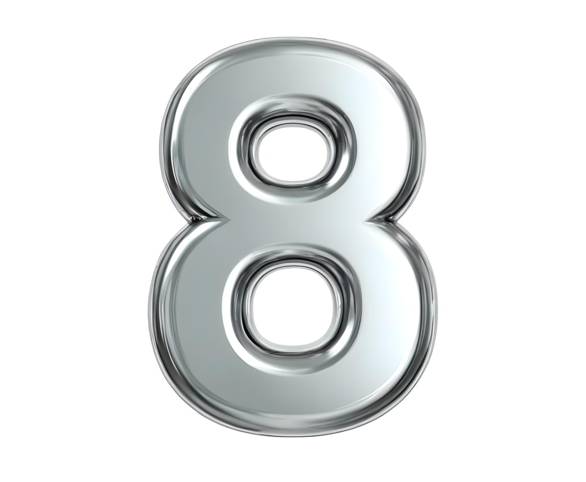 3d Model Silver Number Eight With Rounded Edges Metallic Texture Shiny Surface Smooth Finish Simple Design Isolated On A White Background Studio Lighting Figure Octane Render Volumetric Highly Detailed Videogam 13 D64d