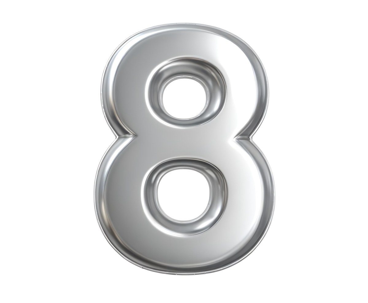 3d Model Silver Number Eight With Rounded Edges Metallic Texture Shiny Surface Smooth Finish Simple Design Isolated On A White Background Studio Lighting Figure Octane Render Volumetric Highly Detailed Videogam 14 7812