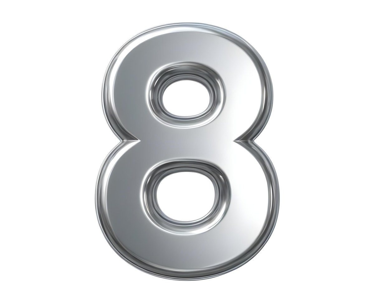 3d Model Silver Number Eight With Rounded Edges Metallic Texture Shiny Surface Smooth Finish Simple Design Isolated On A White Background Studio Lighting Figure Octane Render Volumetric Highly Detailed Videogam 15 4176