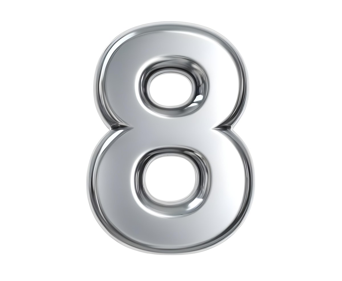 3d Model Silver Number Eight With Rounded Edges Metallic Texture Shiny Surface Smooth Finish Simple Design Isolated On A White Background Studio Lighting Figure Octane Render Volumetric Highly Detailed Videogam 16 B03c