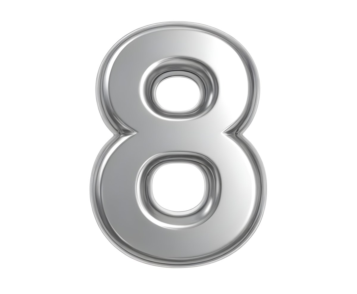 3d Model Silver Number Eight With Rounded Edges Metallic Texture Shiny Surface Smooth Finish Simple Design Isolated On A White Background Studio Lighting Figure Octane Render Volumetric Highly Detailed Videogam 21 F2ad