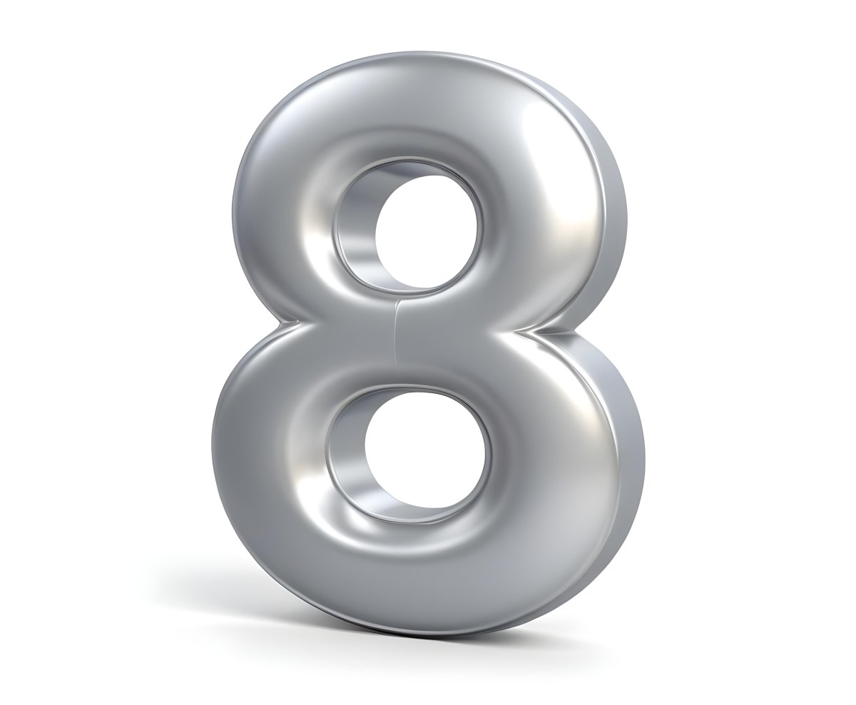 3d Model Silver Number Eight With Rounded Edges Metallic Texture Shiny Surface Smooth Finish Simple Design Isolated On A White Background Studio Lighting Figure Octane Render Volumetric Highly Detailed Videogam 23 C405