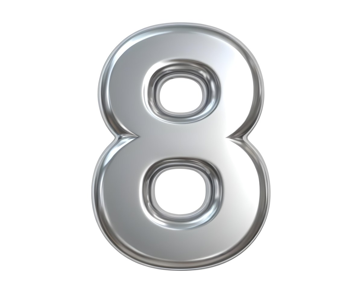 3d Model Silver Number Eight With Rounded Edges Metallic Texture Shiny Surface Smooth Finish Simple Design Isolated On A White Background Studio Lighting Figure Octane Render Volumetric Highly Detailed Videogam 5 A7f5
