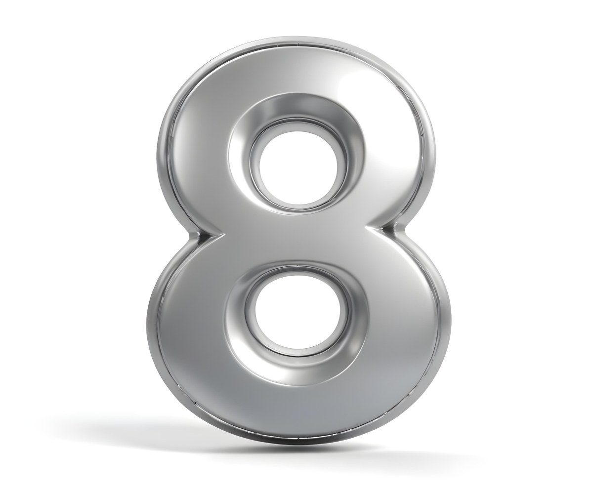 3d Model Silver Number Eight With Rounded Edges Metallic Texture Shiny Surface Smooth Finish Simple Design Isolated On A White Background Studio Lighting Figure Octane Render Volumetric Highly Detailed Videogam 6 556b