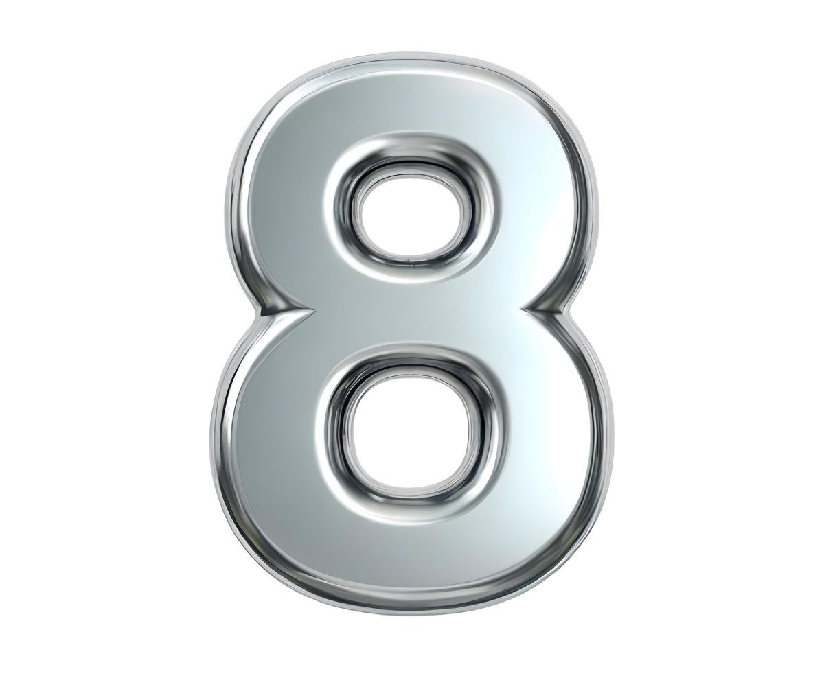 3d Model Silver Number Eight With Rounded Edges Metallic Texture Shiny Surface Smooth Finish Simple Design Isolated On A White Background Studio Lighting Figure Octane Render Volumetric Highly Detailed Videogam 7 7af3