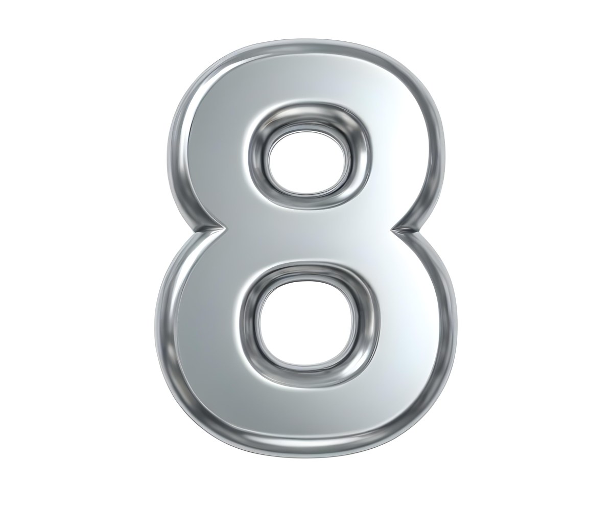 3d Model Silver Number Eight With Rounded Edges Metallic Texture Shiny Surface Smooth Finish Simple Design Isolated On A White Background Studio Lighting Figure Octane Render Volumetric Highly Detailed Videogam 9 7122