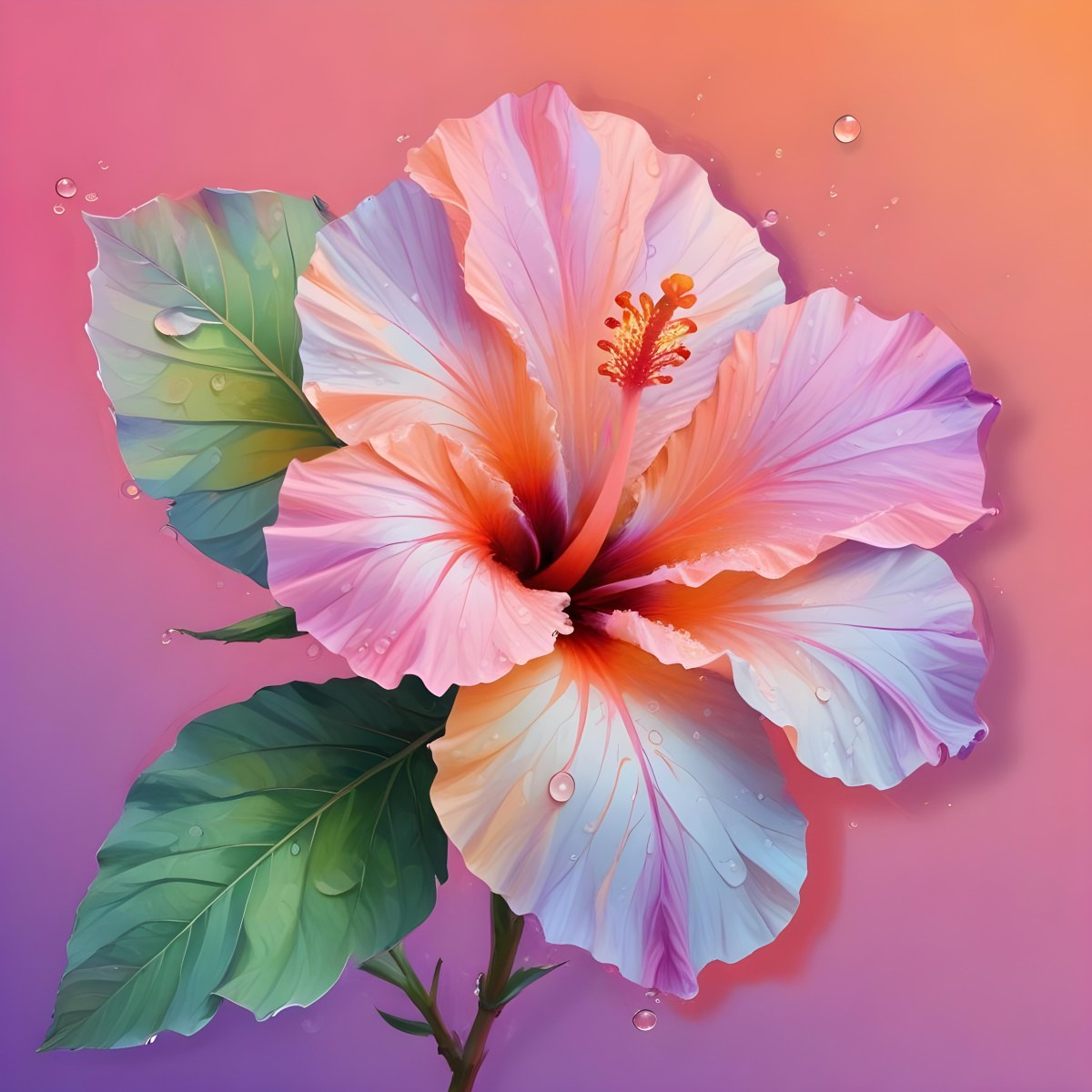 A Big Hibiscus Flower With Orange Petals Two Orange Leaves With Water Drops On A Gradient Background Of Pink Orange And Purple 19 02e5