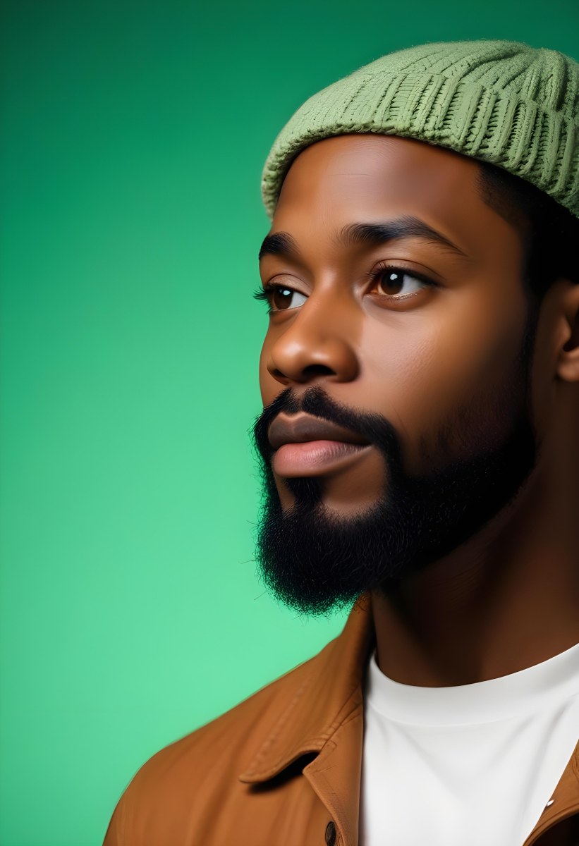 A Black Man 35 Years Old With A Beard And A Green Hat Looking To The Right On A Black Background 10 D21a