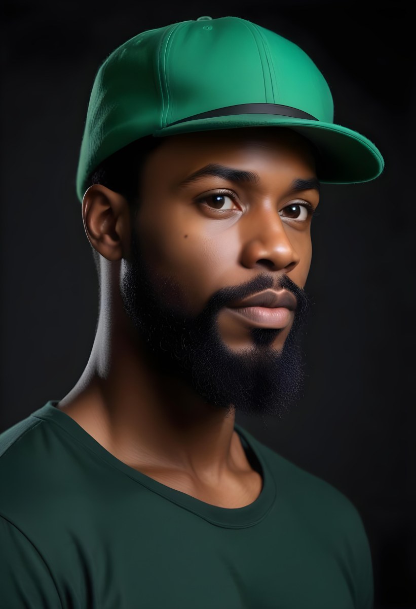 A Black Man 35 Years Old With A Beard And A Green Hat Looking To The Right On A Black Background 11 1877