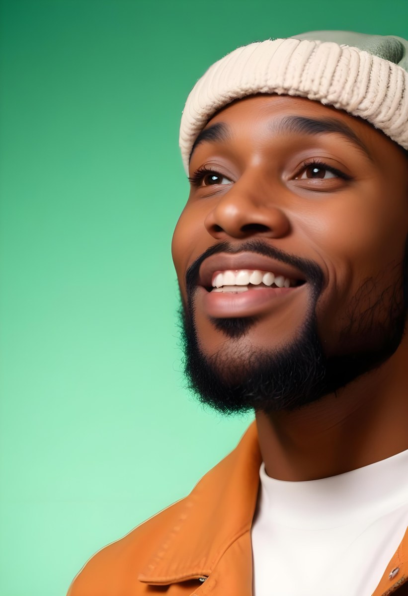 A Black Man 35 Years Old With A Beard And A Green Hat Looking To The Right On A Black Background 15 B80e