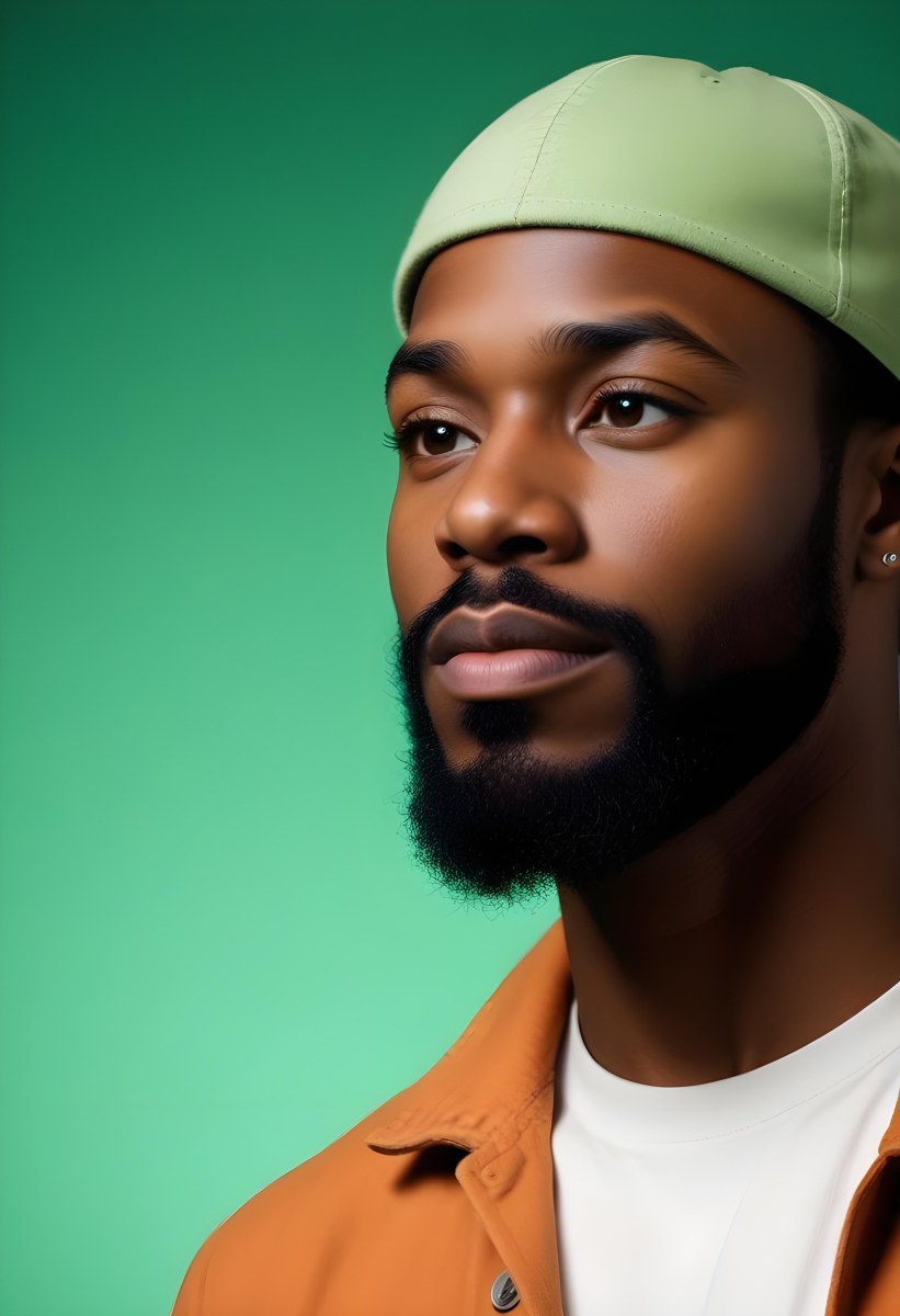 A Black Man 35 Years Old With A Beard And A Green Hat Looking To The Right On A Black Background 16 De40