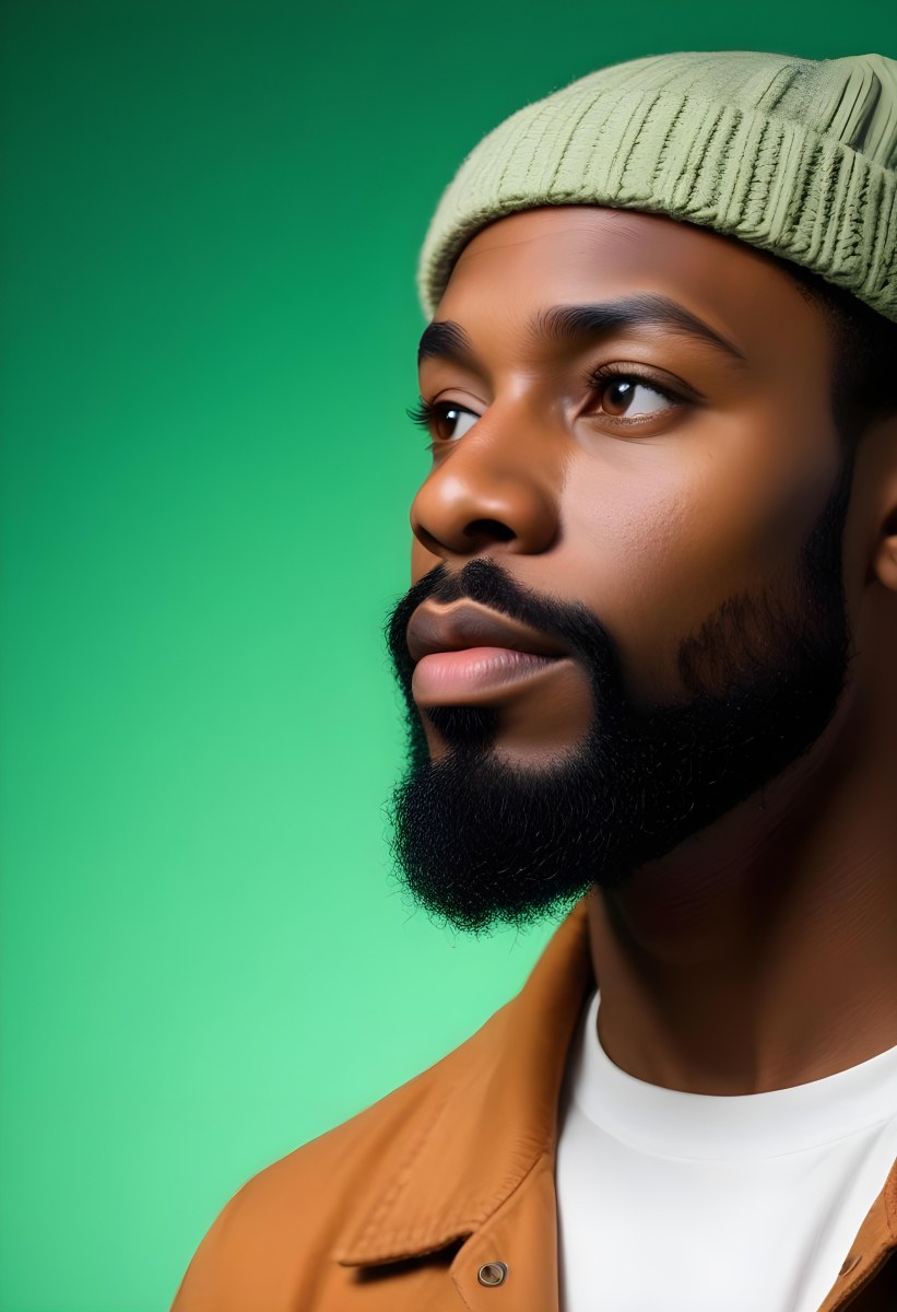 A Black Man 35 Years Old With A Beard And A Green Hat Looking To The Right On A Black Background 2 C833