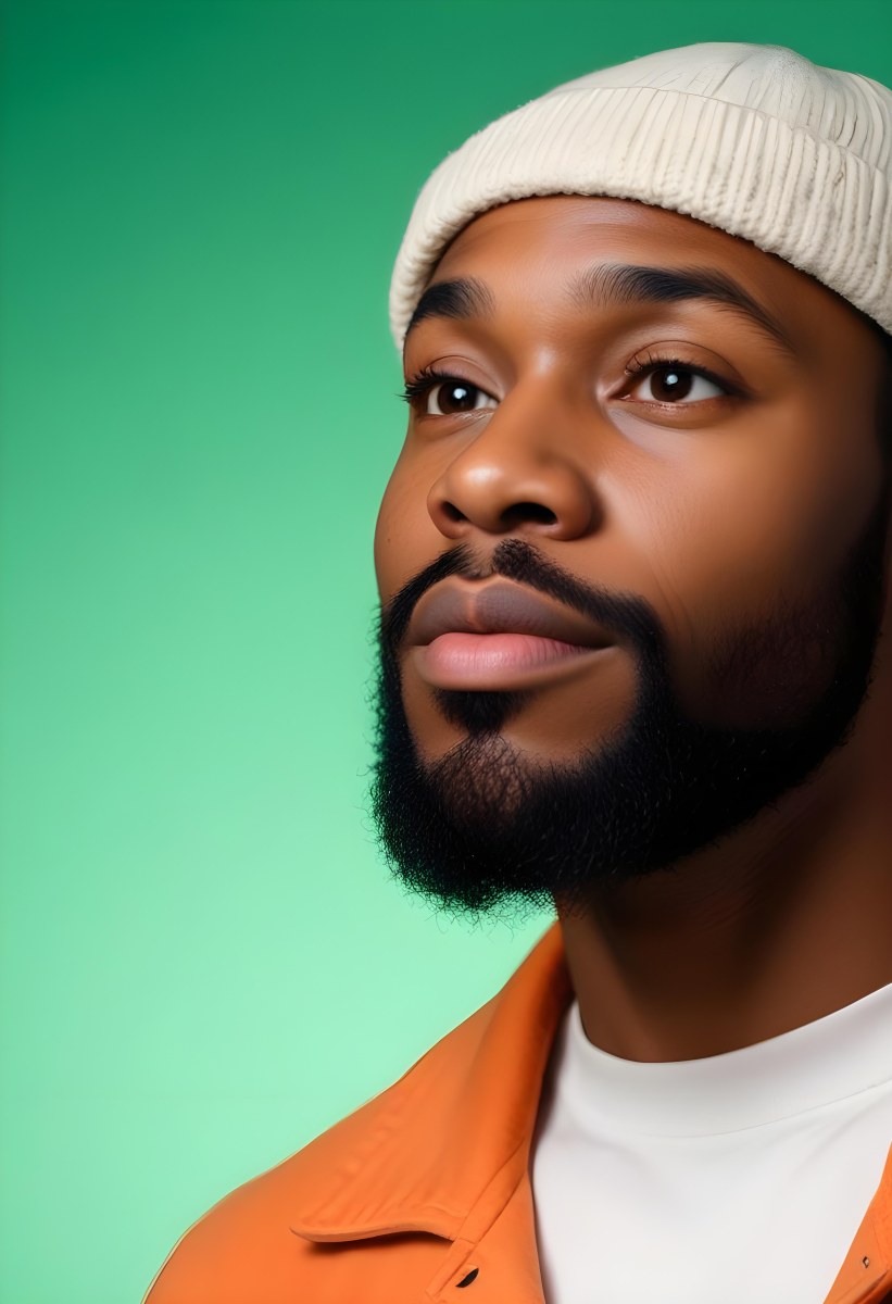 A Black Man 35 Years Old With A Beard And A Green Hat Looking To The Right On A Black Background 23 2421