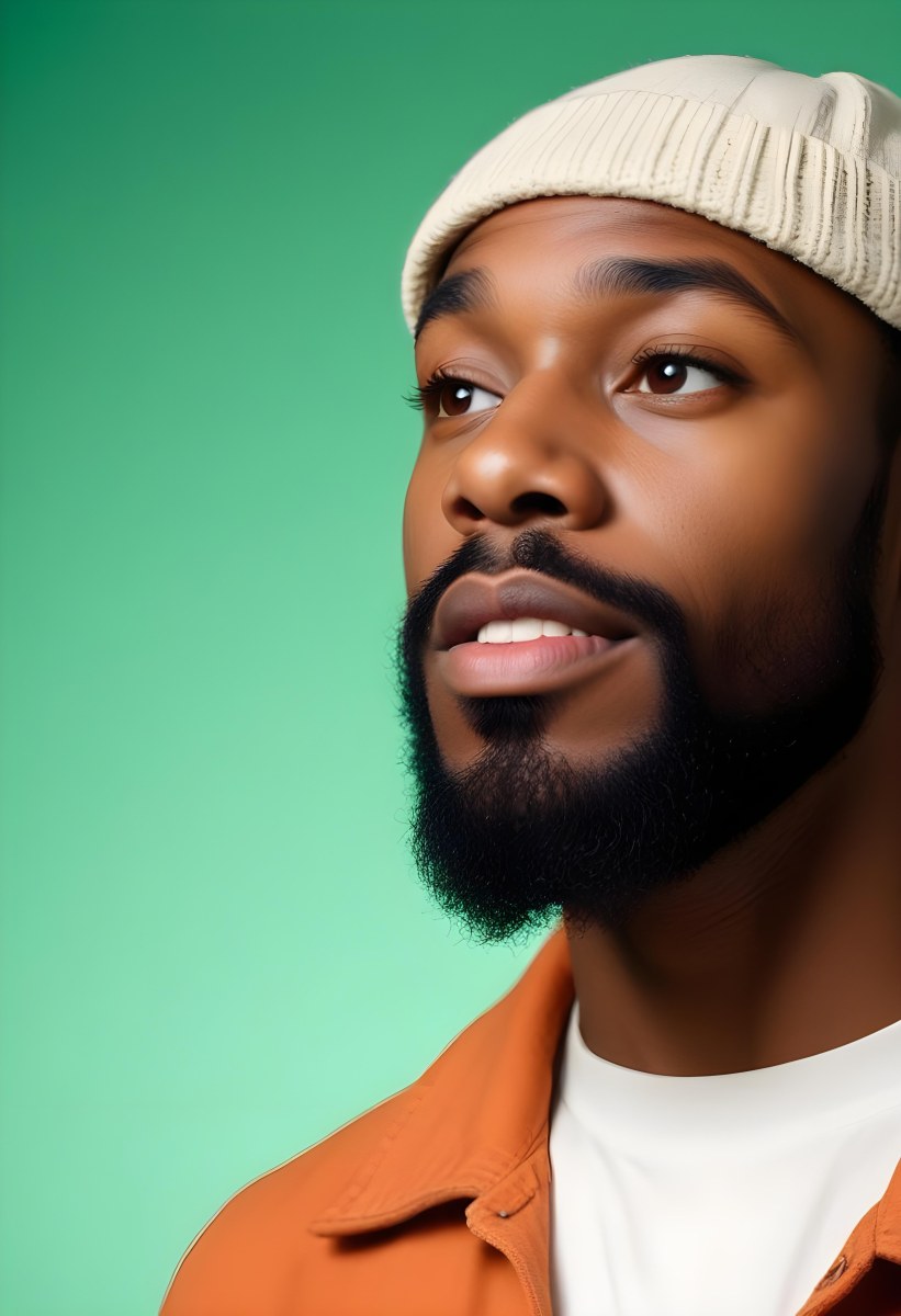 A Black Man 35 Years Old With A Beard And A Green Hat Looking To The Right On A Black Background 24 6727