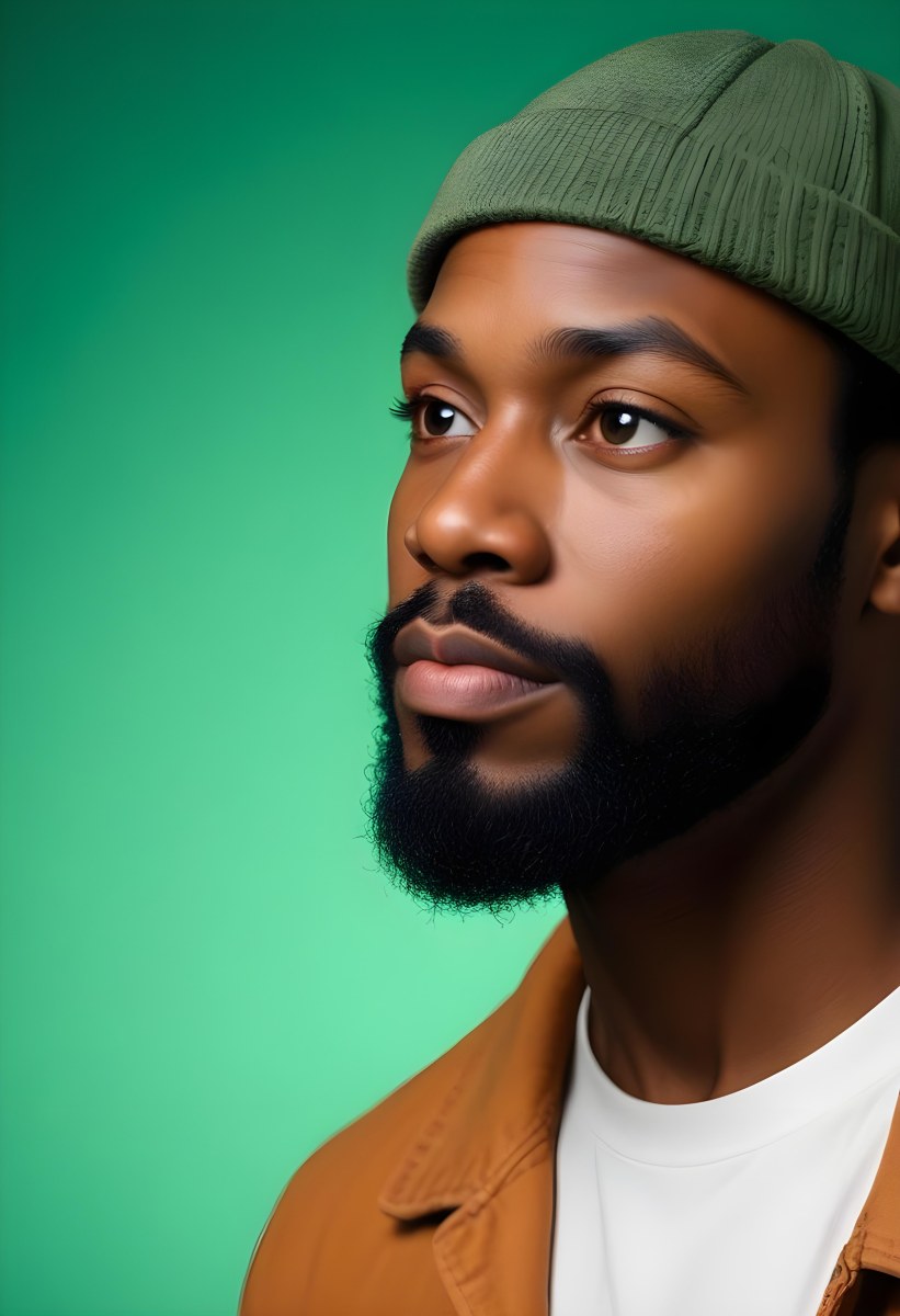 A Black Man 35 Years Old With A Beard And A Green Hat Looking To The Right On A Black Background 25 9ac8