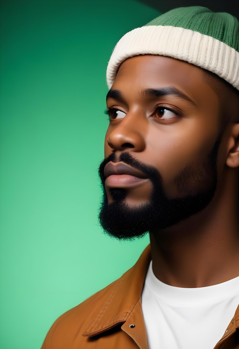 A Black Man 35 Years Old With A Beard And A Green Hat Looking To The Right On A Black Background 26 Aac0