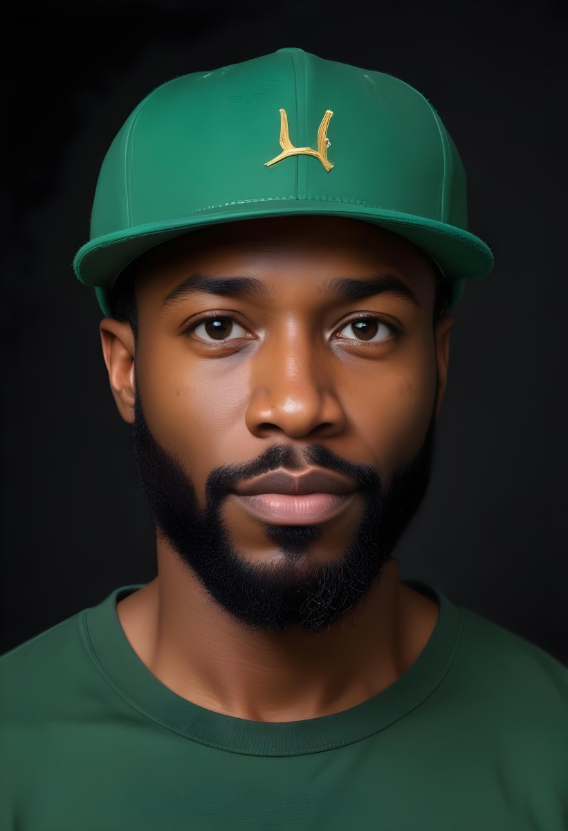 A Black Man 35 Years Old With A Beard And A Green Hat Looking To The Right On A Black Background 29 1766
