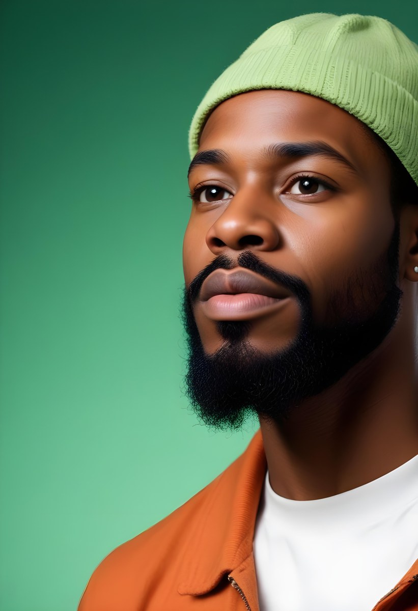 A Black Man 35 Years Old With A Beard And A Green Hat Looking To The Right On A Black Background 3 3518