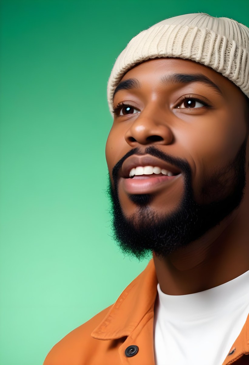 A Black Man 35 Years Old With A Beard And A Green Hat Looking To The Right On A Black Background 5 4294