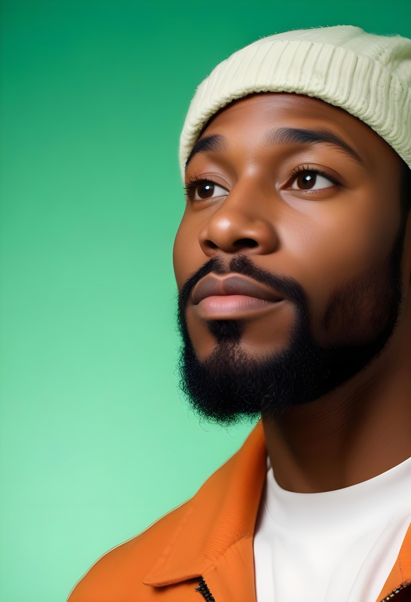 A Black Man 35 Years Old With A Beard And A Green Hat Looking To The Right On A Black Background 6 0e62
