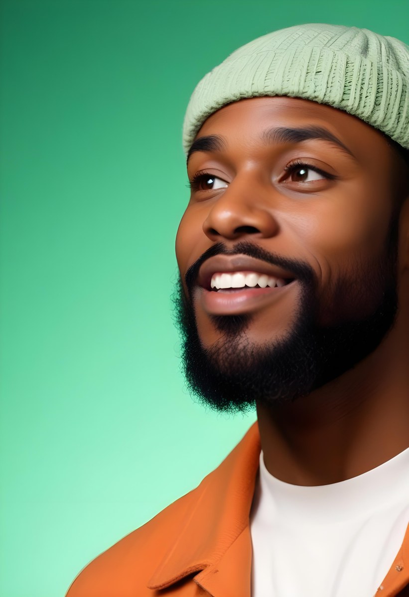 A Black Man 35 Years Old With A Beard And A Green Hat Looking To The Right On A Black Background 7 Ddcf