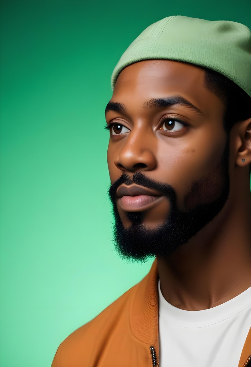A Black Man 35 Years Old With A Beard And A Green Hat Looking To The Right On A Black Background 8 E370