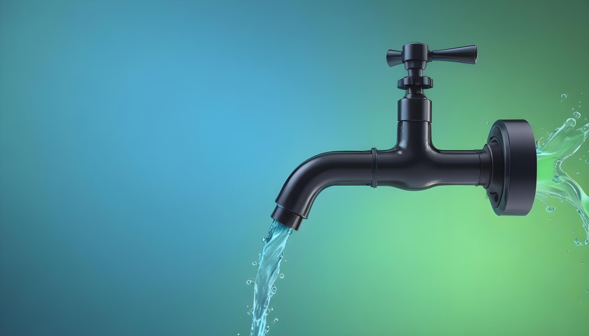 A Black Metal Faucet With Water Flowing Out Of It Gradient Background With Blue And Green Colors Clean And Simple Design Modern Style 4 2b9a
