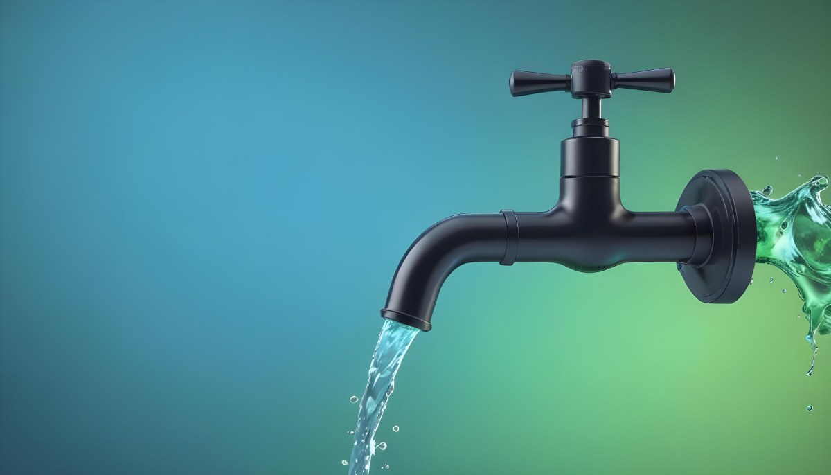 A Black Metal Faucet With Water Flowing Out Of It Gradient Background With Blue And Green Colors Clean And Simple Design Modern Style 40 0ab4