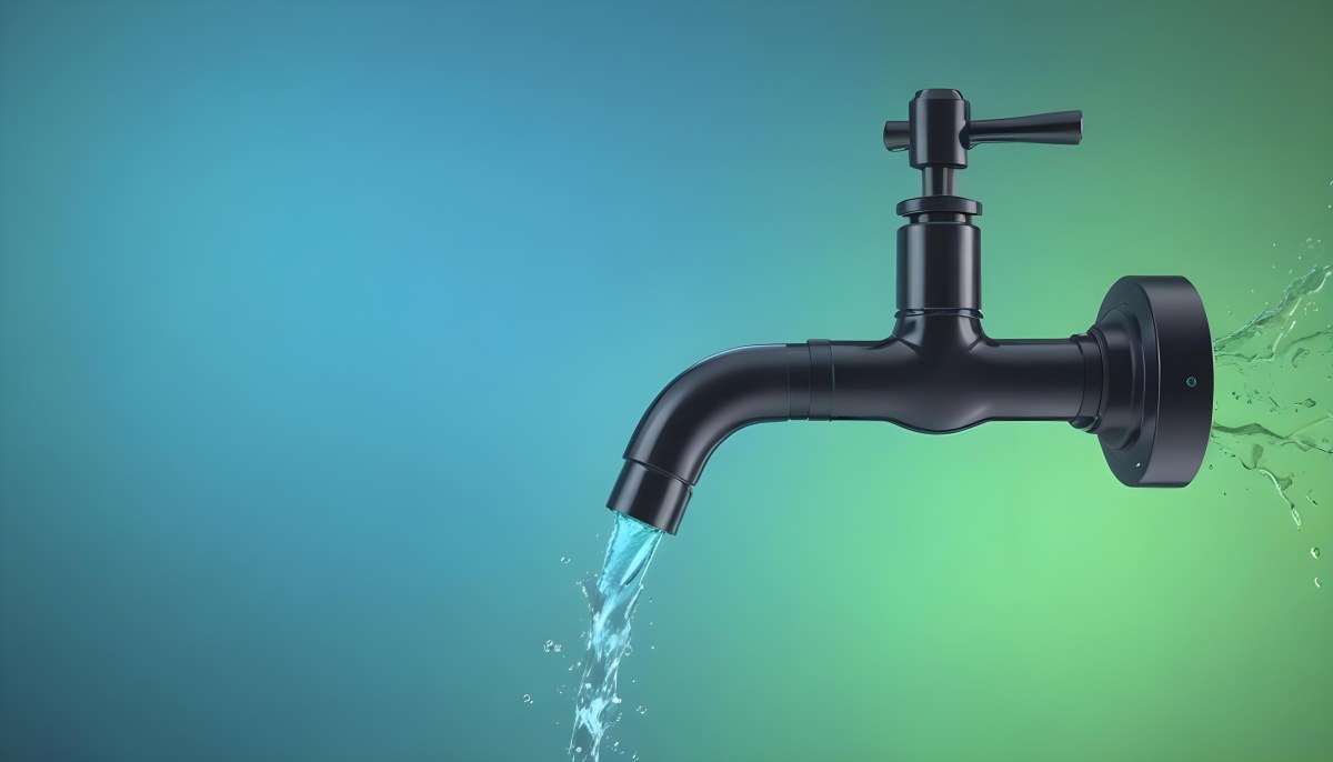 A Black Metal Faucet With Water Flowing Out Of It Gradient Background With Blue And Green Colors Clean And Simple Design Modern Style 45 E4eb