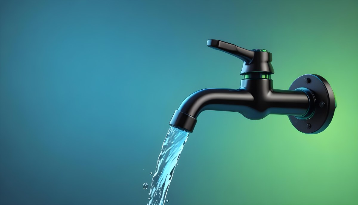 A Black Metal Faucet With Water Flowing Out Of It Gradient Background With Blue And Green Colors Clean And Simple Design Modern Style 5 21a0
