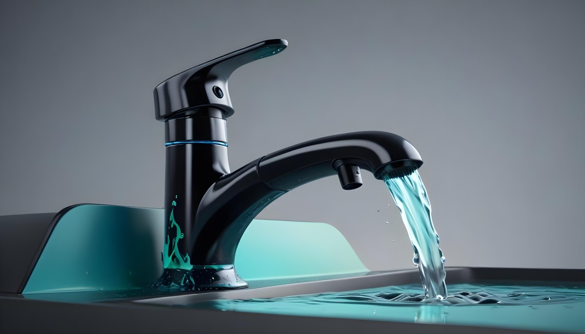 A Black Metal Faucet With Water Flowing Out Of It Gradient Background With Blue And Green Colors Clean And Simple Design Modern Style 9 996c