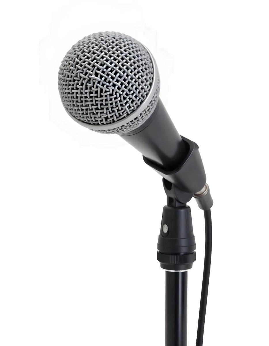 A Black Microphone On A Black Stand With A Black Cable Isolated On A White Background 19 53a3