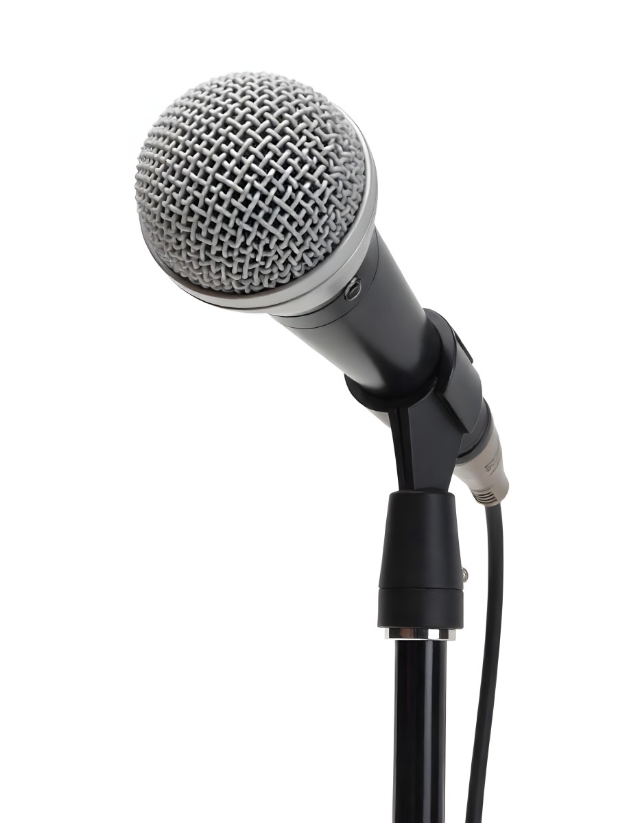 A Black Microphone On A Black Stand With A Black Cable Isolated On A White Background 2 7c22