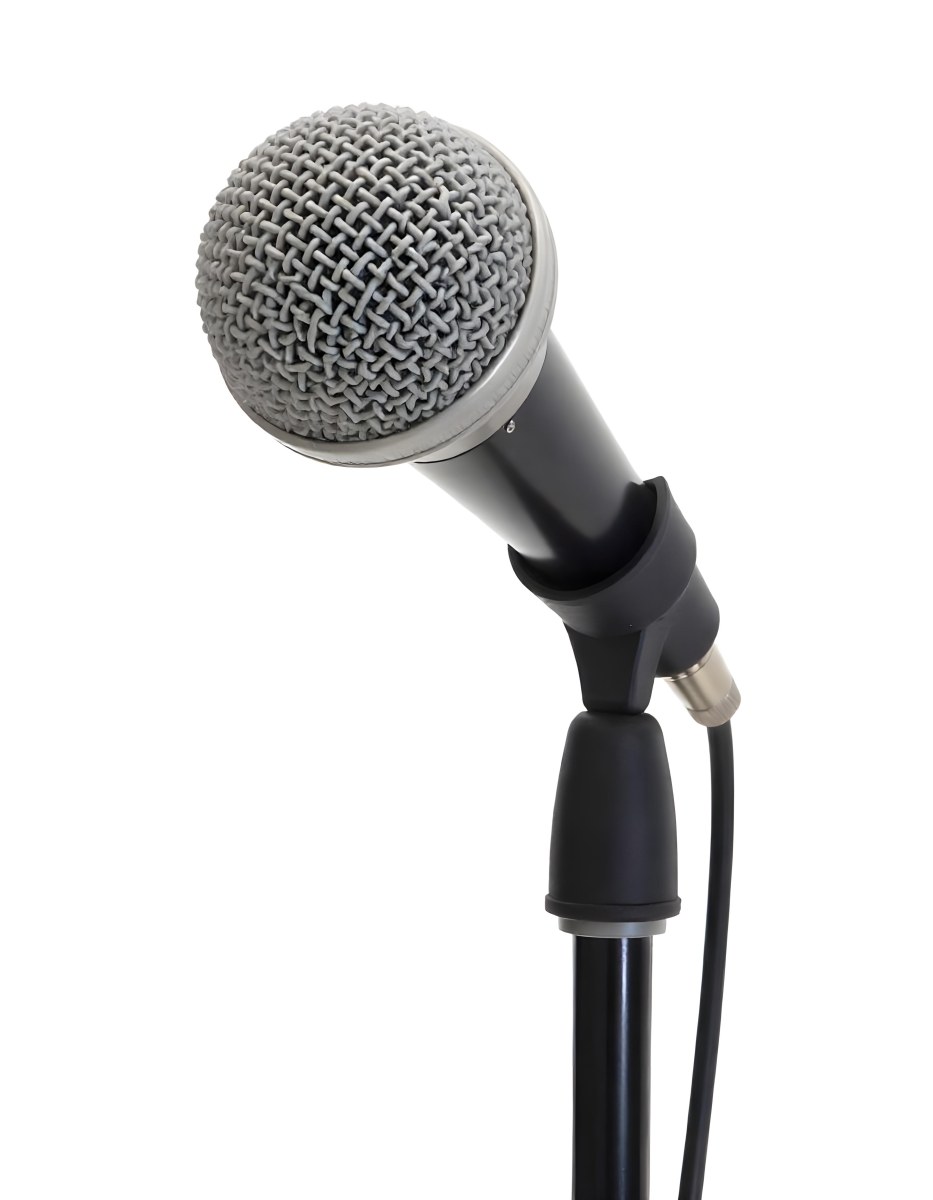 A Black Microphone On A Black Stand With A Black Cable Isolated On A White Background 22 E3fa