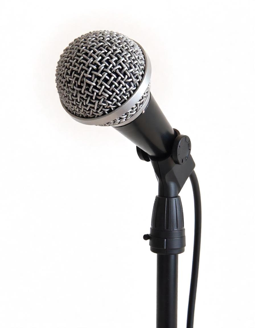 A Black Microphone On A Black Stand With A Black Cable Isolated On A White Background 29 559b