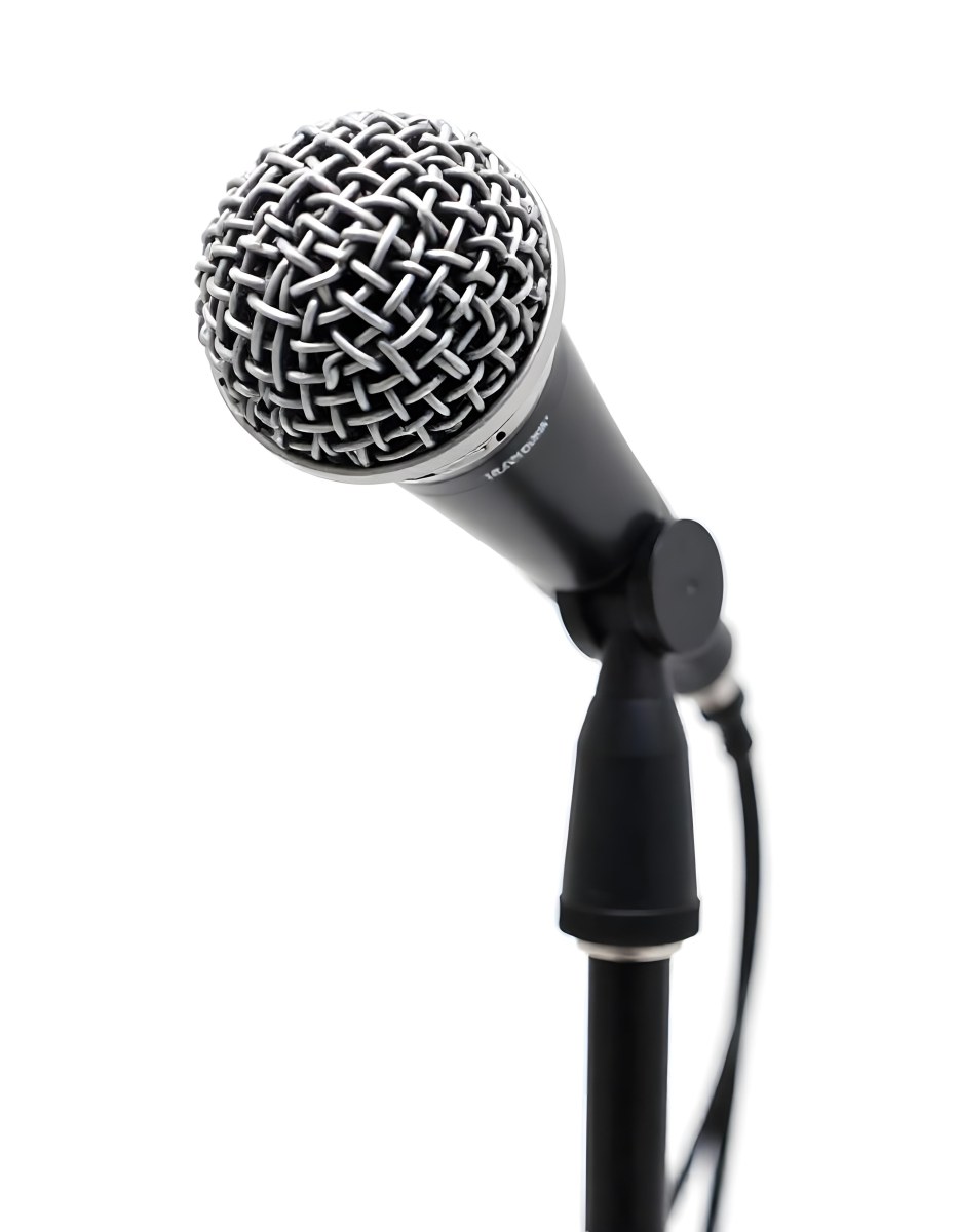 A Black Microphone On A Black Stand With A Black Cable Isolated On A White Background 3 2605