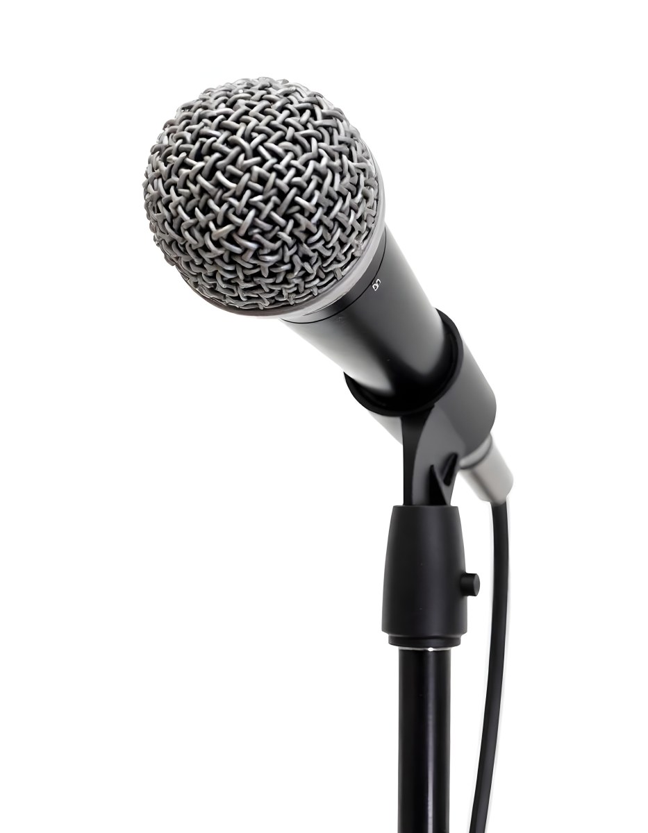 A Black Microphone On A Black Stand With A Black Cable Isolated On A White Background 30 8b5e