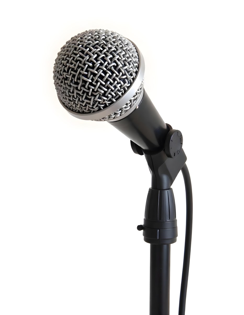 A Black Microphone On A Black Stand With A Black Cable Isolated On A White Background 5 F0f0