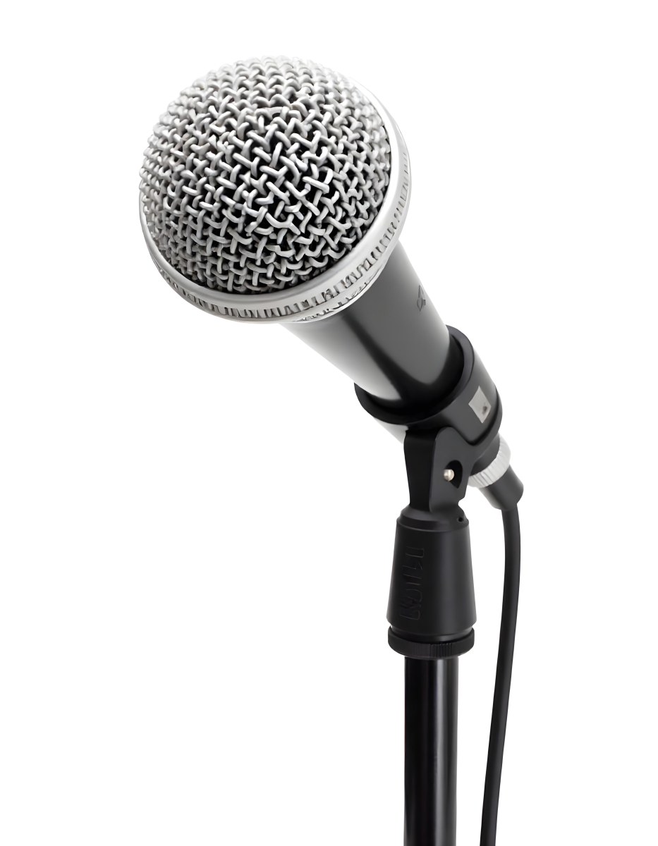A Black Microphone On A Black Stand With A Black Cable Isolated On A White Background 7 04c4