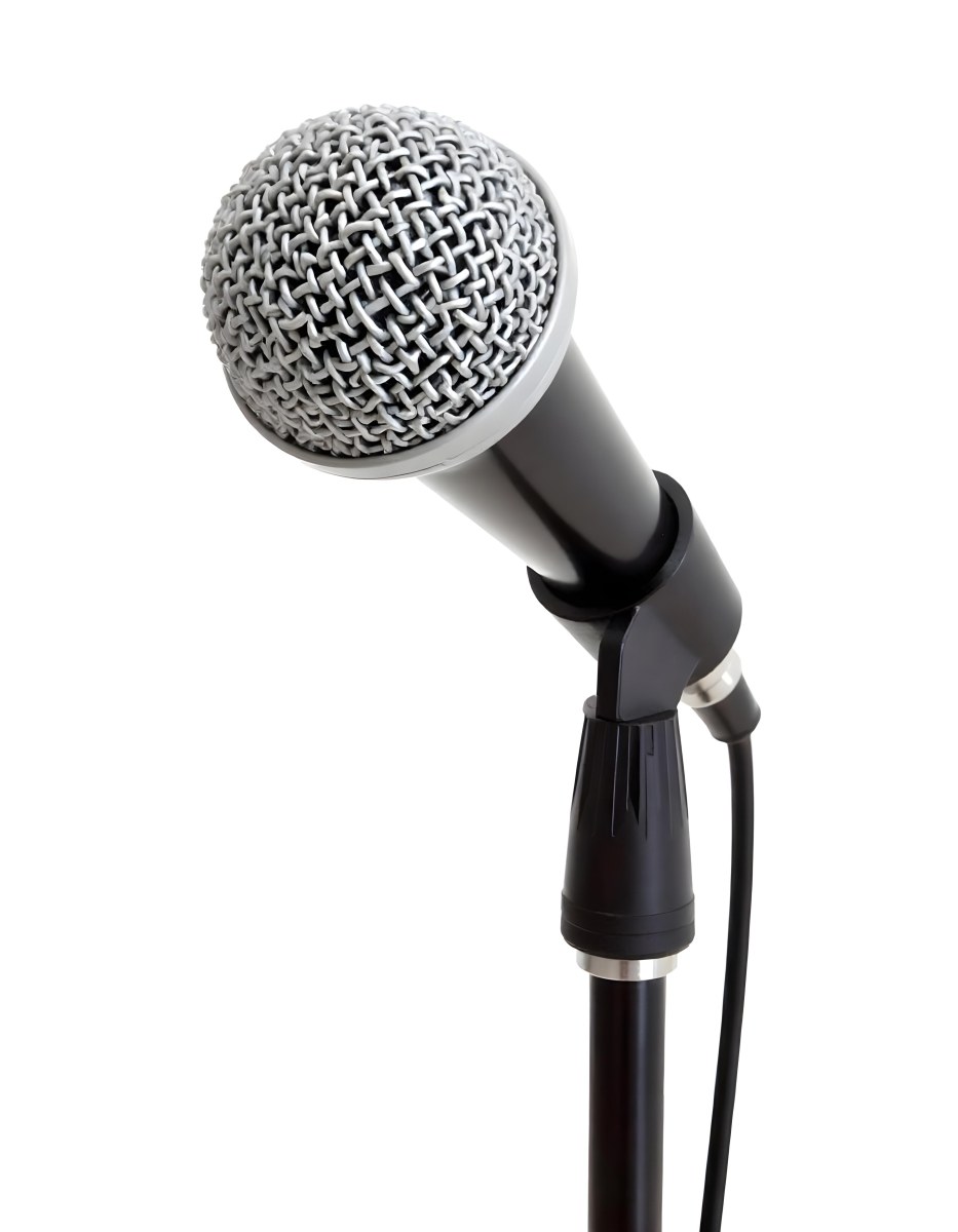 A Black Microphone On A Black Stand With A Black Cable Isolated On A White Background 9 D273