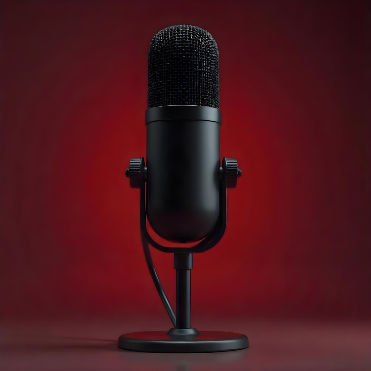 A Black Microphone With Black Accents Standing Upright With Its Cable Extending Downwards Against A Dark Red Gradient Background 19 4ddb