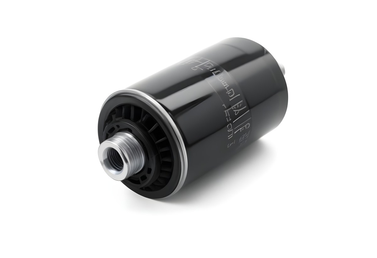 A Black Oil Filter With A Black Threaded Insert Lying On A Black Surface With A Slight Shadow Showcasing Its Cylindrical Shape And Construction 20 70fd