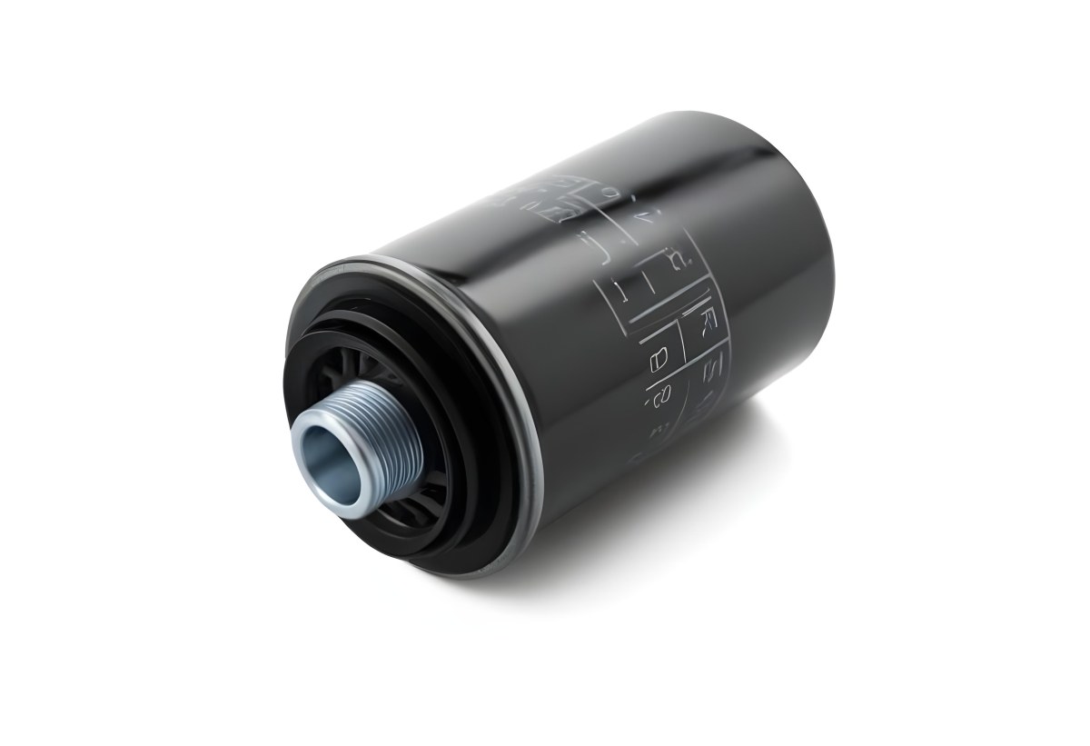 A Black Oil Filter With A Black Threaded Insert Lying On A Black Surface With A Slight Shadow Showcasing Its Cylindrical Shape And Construction 24 B173