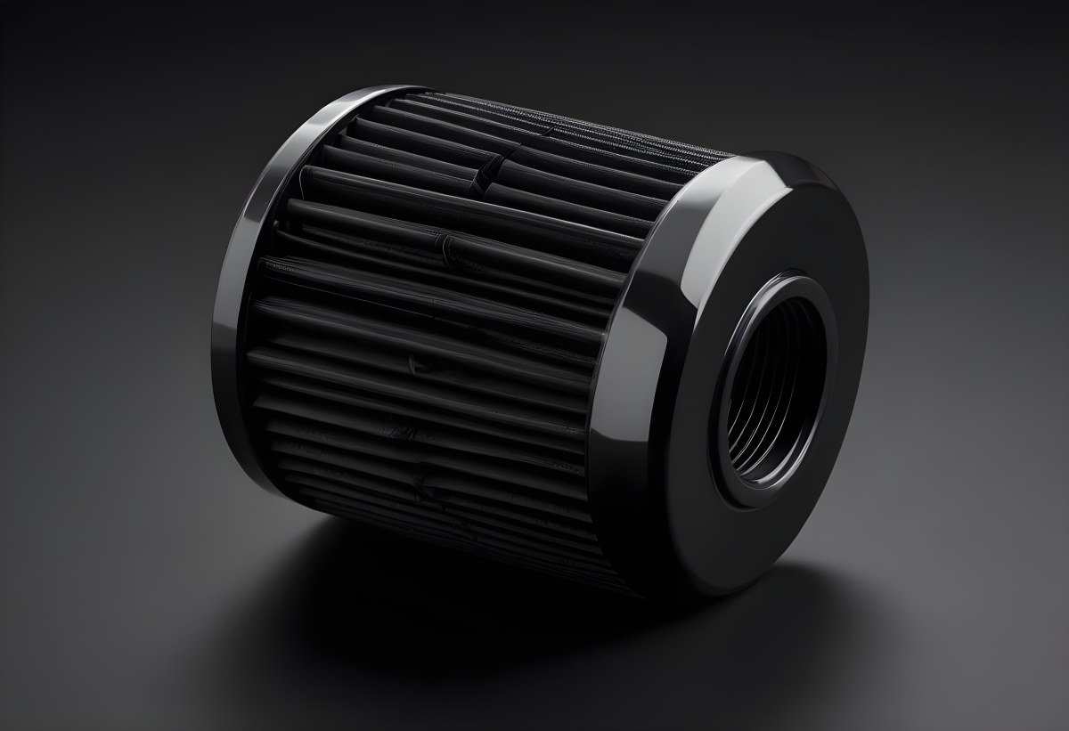 A Black Oil Filter With A Black Threaded Insert Lying On A Black Surface With A Slight Shadow Showcasing Its Cylindrical Shape And Construction 3 Ee7f